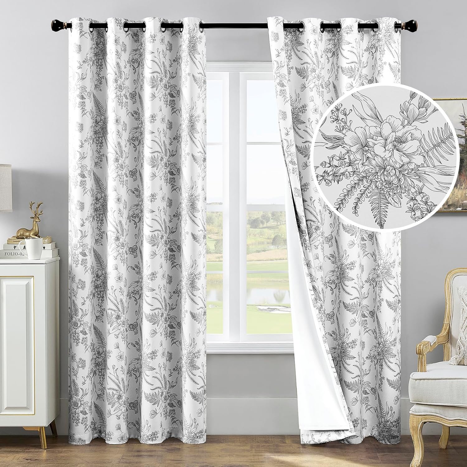 YoungsTex Cortinas opacas florales negras de 84 pulgadas de largo para sala de estar, doble capa con ojales impresos, cortinas de oscurecimiento de