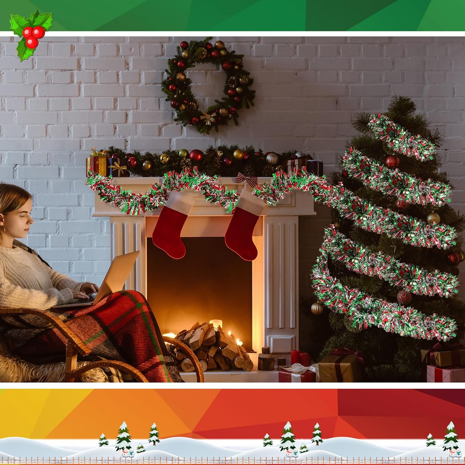 Guirnalda de oropel de Navidad de 118 pies con brillantina, guirnalda metálica para árbol de Navidad, guirnalda colgante de techo brillante para