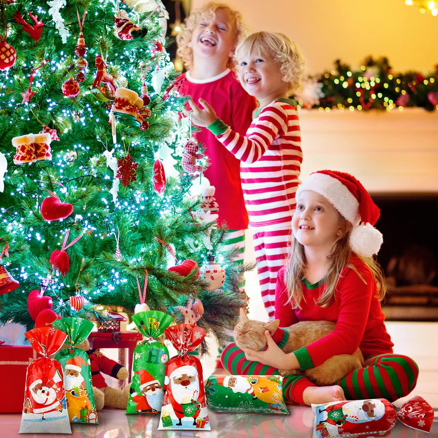 Spiareal 120 bolsas de celofán de Navidad de Papá Noel afroamericano, bolsas de dulces con lazos, suministros de decoración de fiesta de cumpleaños