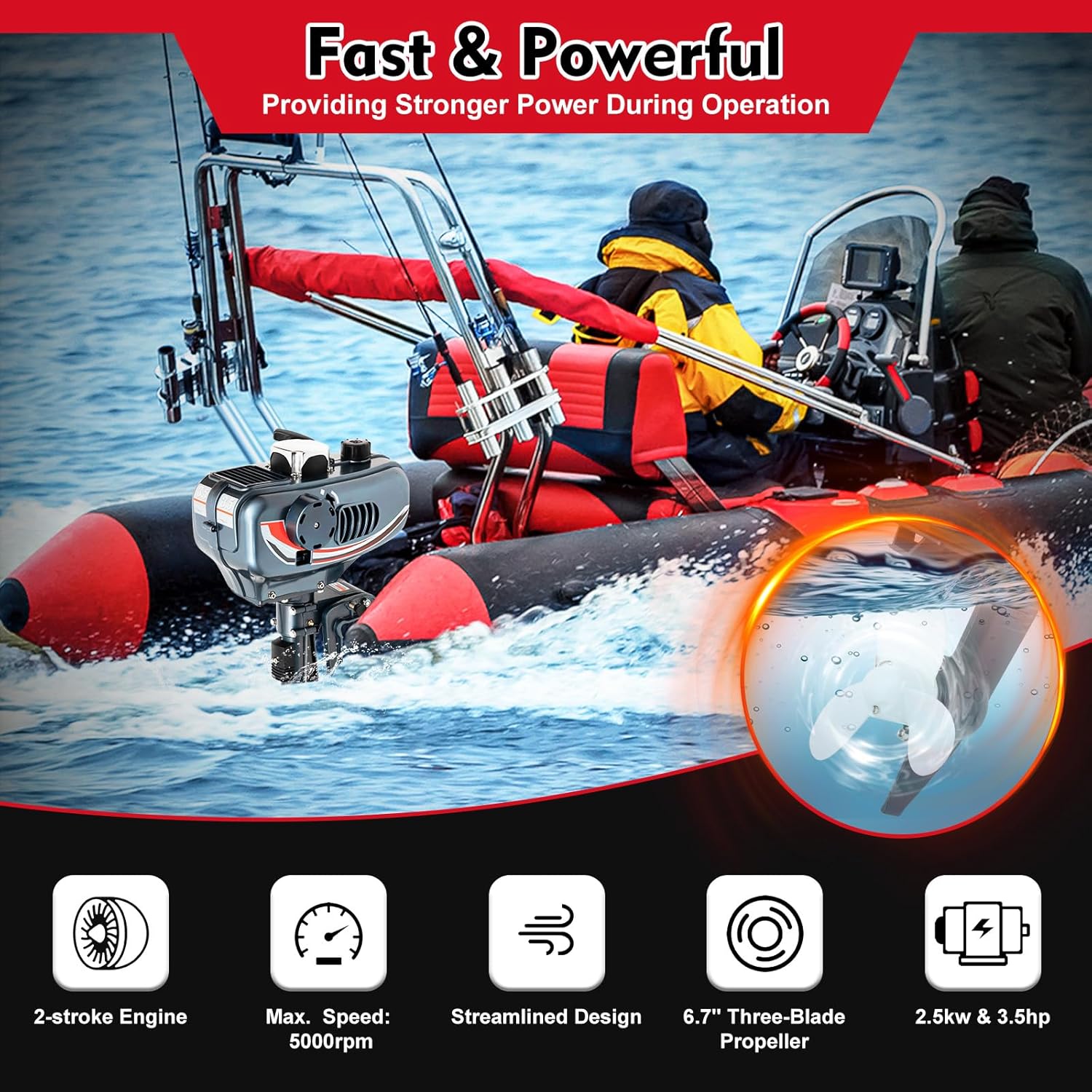 Motor fuera de borda de 2 tiempos de 3.5 HP, motor fuera de borda de 49 cc con sistema de refrigeración por agua CDI, motor fuera de borda