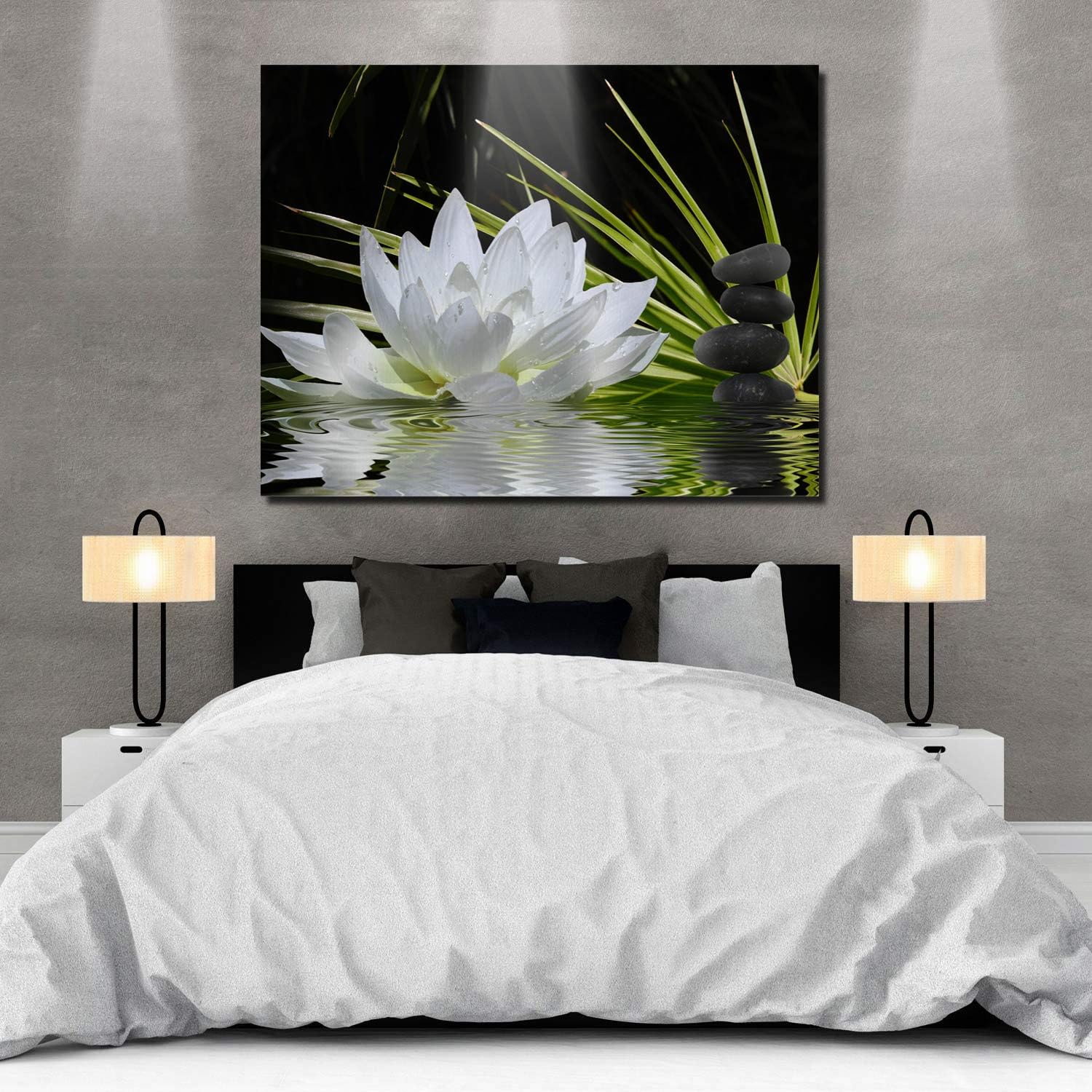 Lienzo decorativo para pared, imagen de loto blanco y piedras zen negras, decoración moderna de pared, envoltura de lienzo de galería, impresión