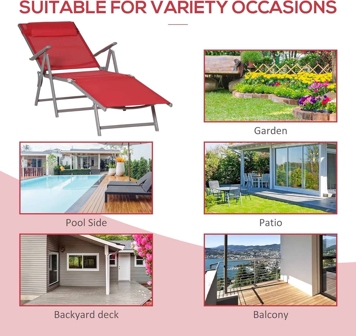 Outsunny Chaise Lounge Silla plegable para exteriores, portátil, silla reclinable ajustable de 7 posiciones para acampar, tomar el sol y broncearse