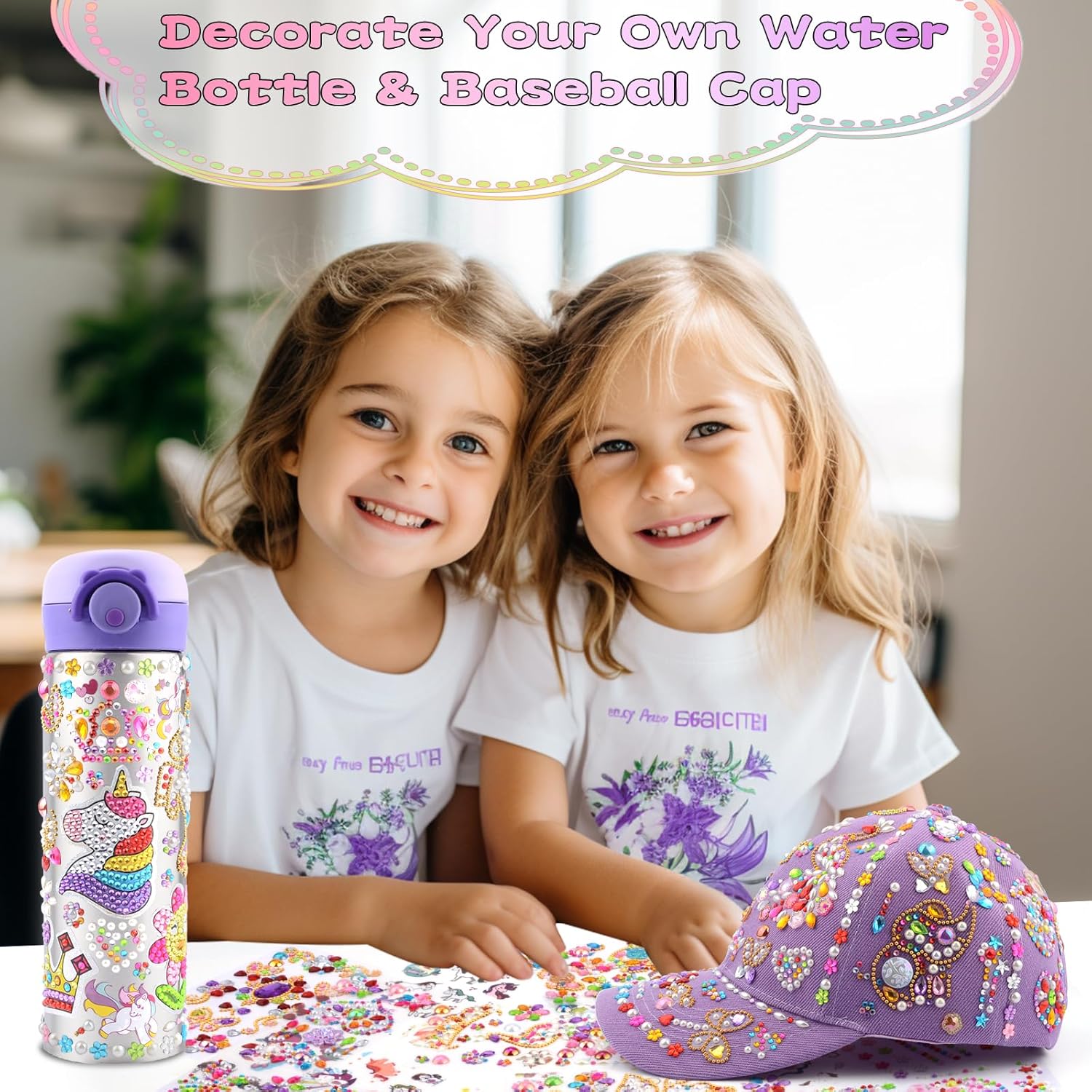 Regalos de manualidades para niñas y niños de 6 a 12 años, decora tu propia botella de agua de 17 onzas, gorra de béisbol con 17 hojas de gemas de