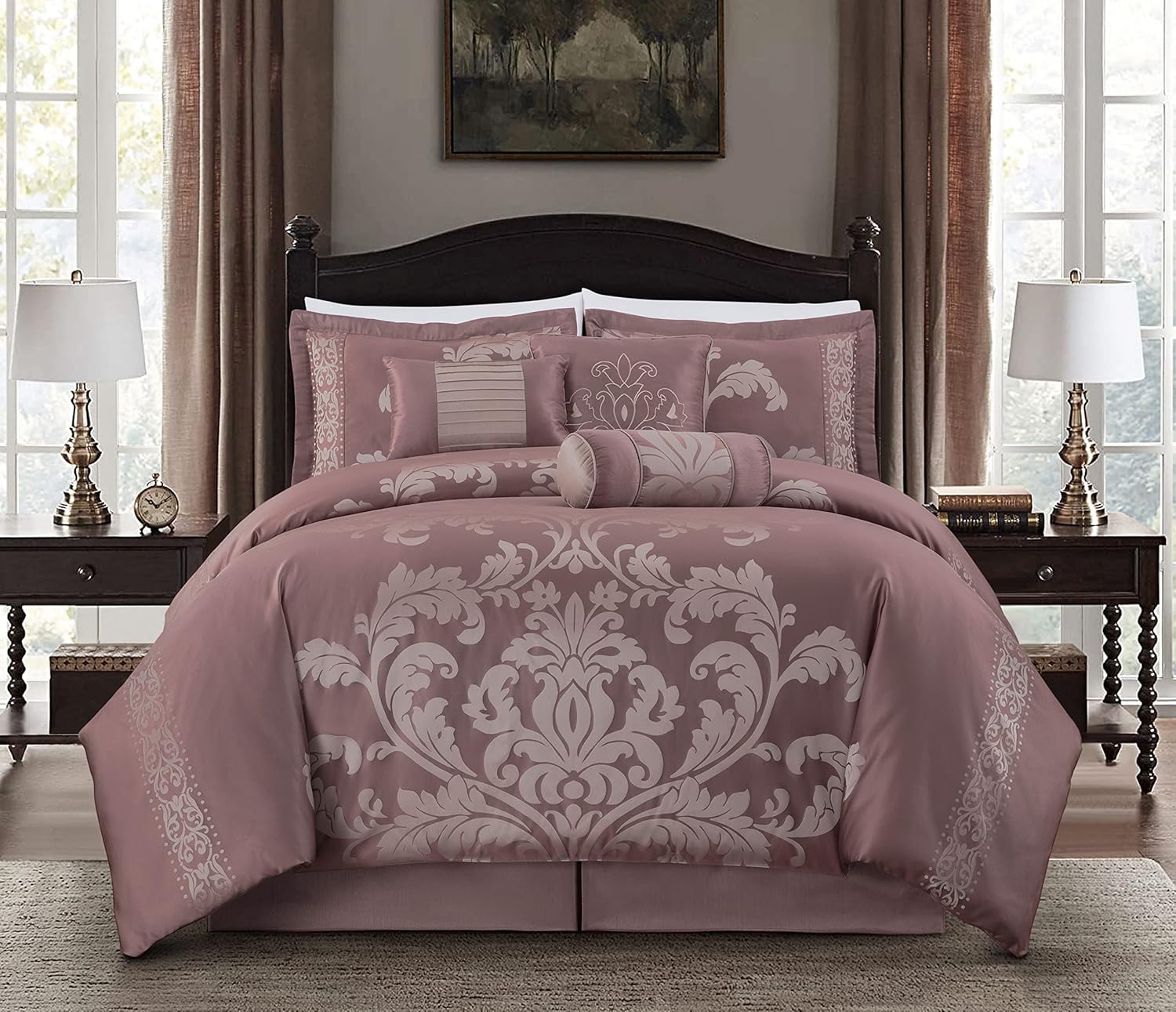 Chezmoi Collection Juego de edredón floral jacquard de 7 piezas (King, Woodrosegris)