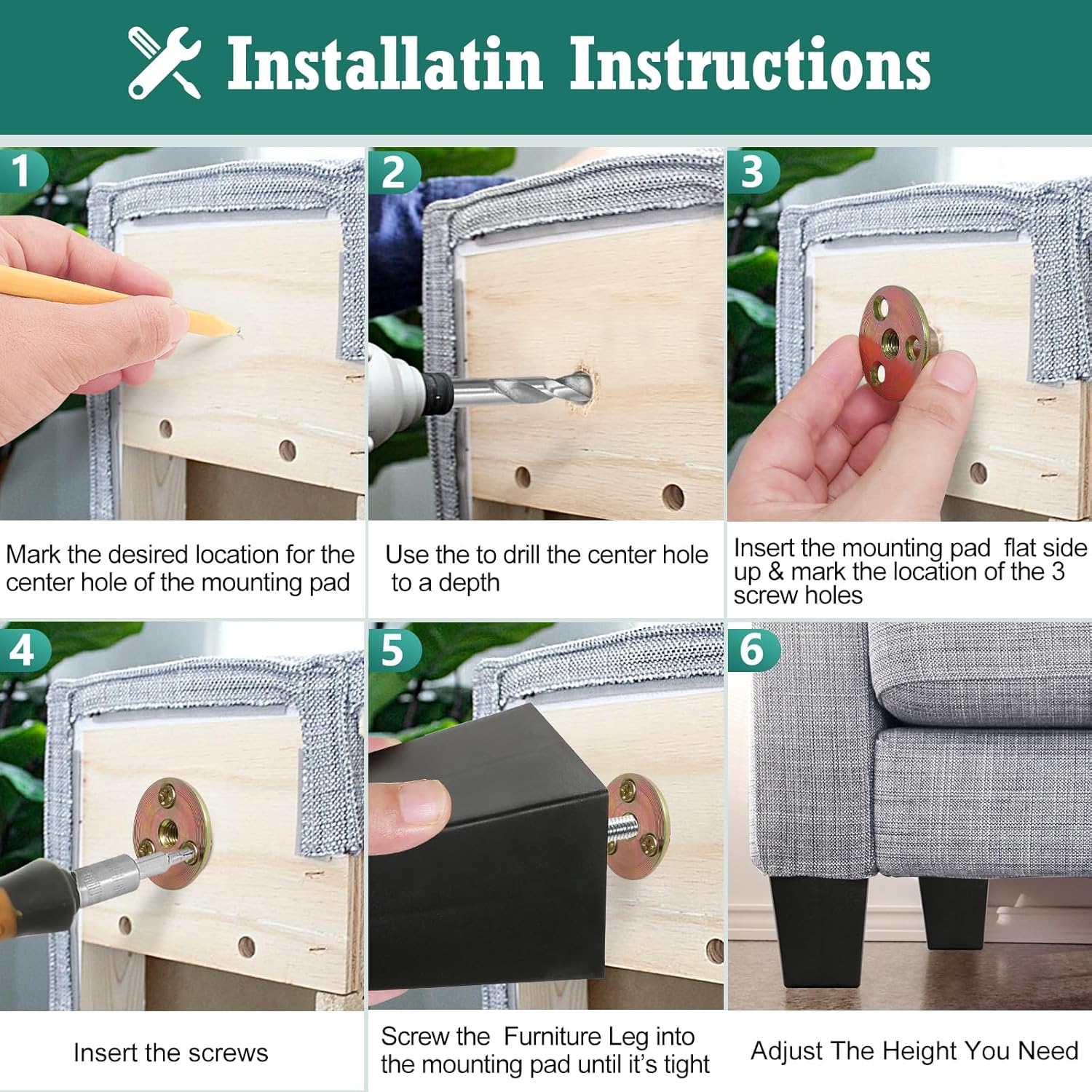 8 patas de plástico para muebles de 3 pulgadas, patas de sofá negras, patas cuadradas para muebles, patas de repuesto para sofá con tuercas de placa