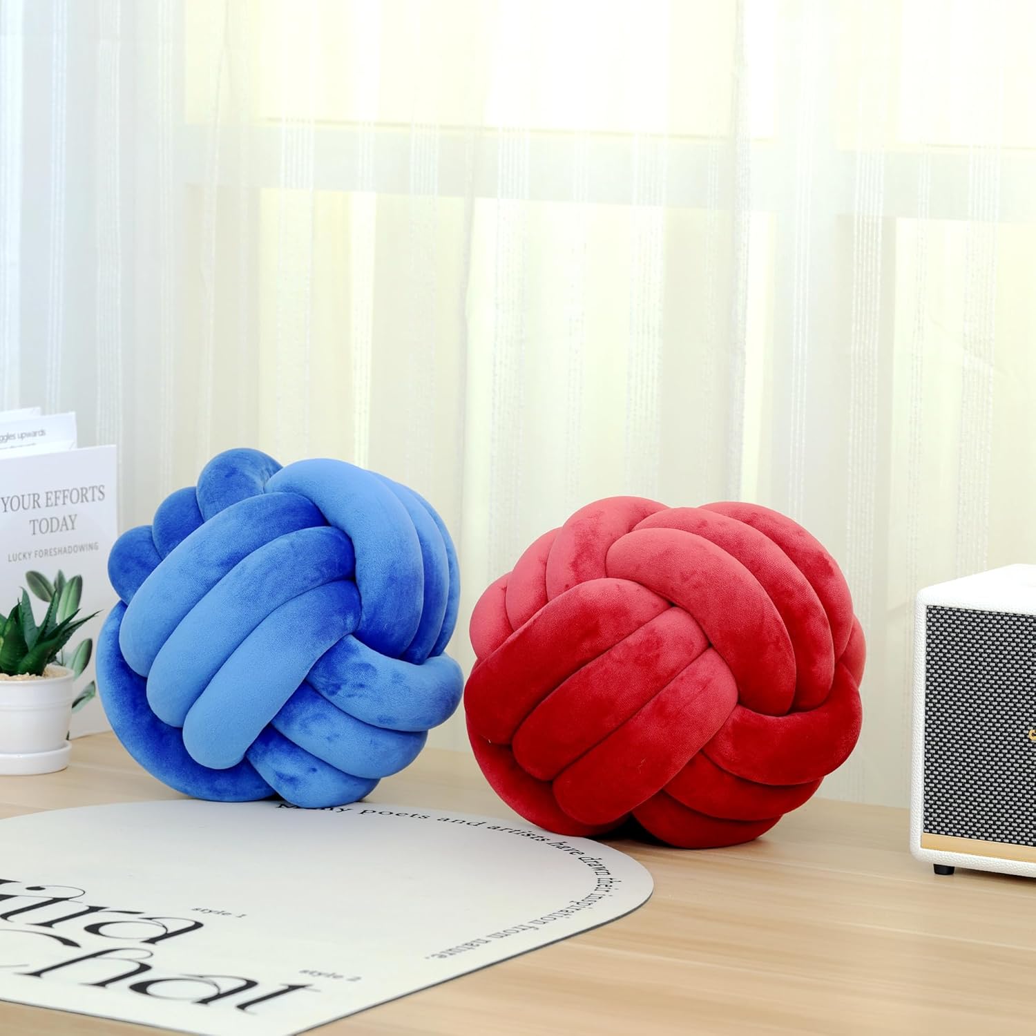 Petrella Almohadas redondas de nudo para decoración del hogar, cojín decorativo estético, color azul joya de 11 pulgadas