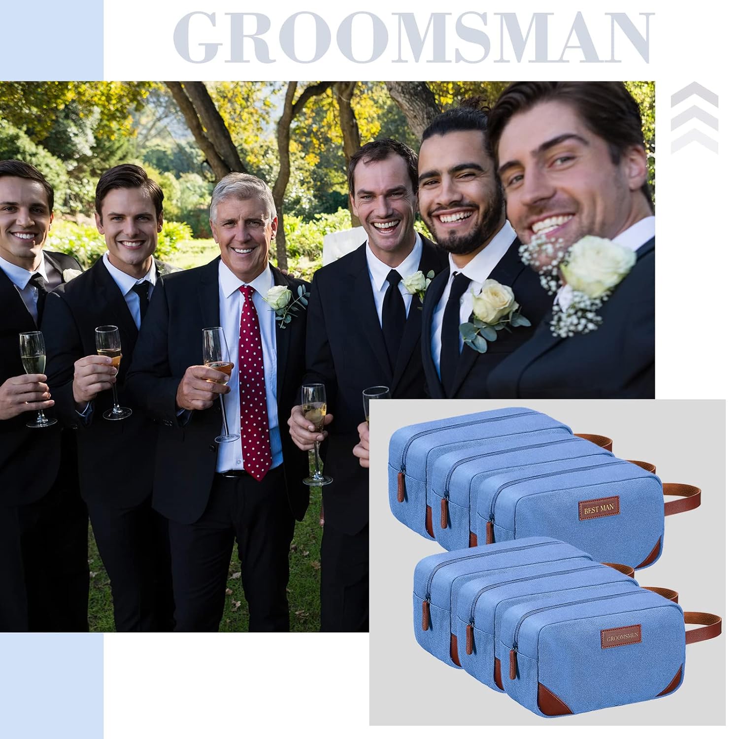 Eccliy Juego de 6 bolsas de aseo para padrinos de boda, bolsa de aseo para hombre, bolsa de aseo de viaje, bolsa de baño, resistente al agua, para