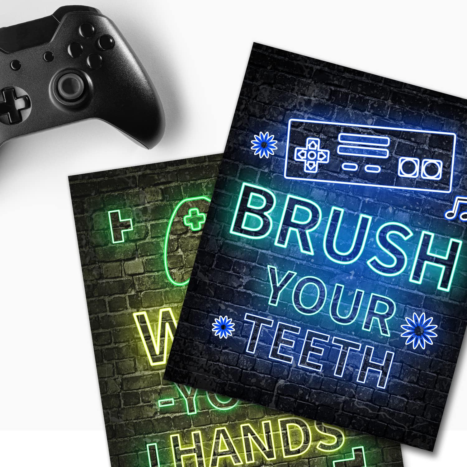 Juego de 4 decoración de videojuegos neón (8 x 10 pulgadas), decoración de habitación de niños para baño, palabras divertidas, arte de pared para