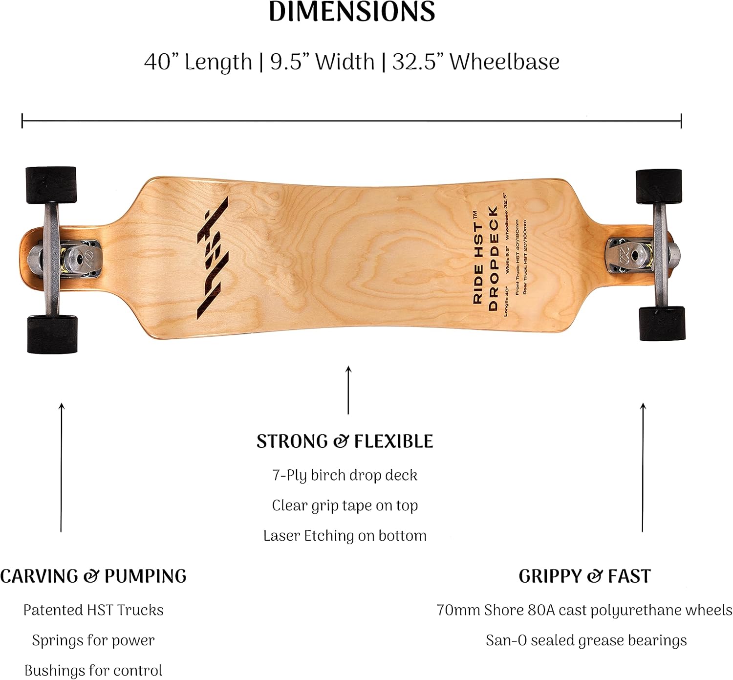 HST Longboard Skateboard Complete Cruiser  Longboard de abedul de 7 capas con camiones patentados para crucero, tallado y diversión de estilo libre.