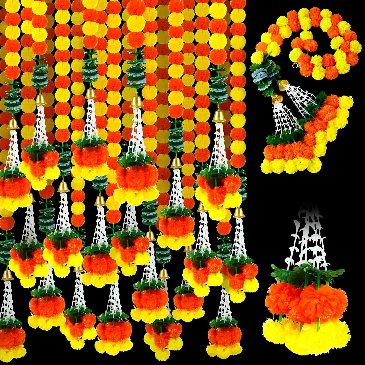 Paquete de 10 guirnaldas de caléndula de 5 pies de largo, flores de caléndula sintética, decoraciones de boda india, guirnalda de flores para Pooja