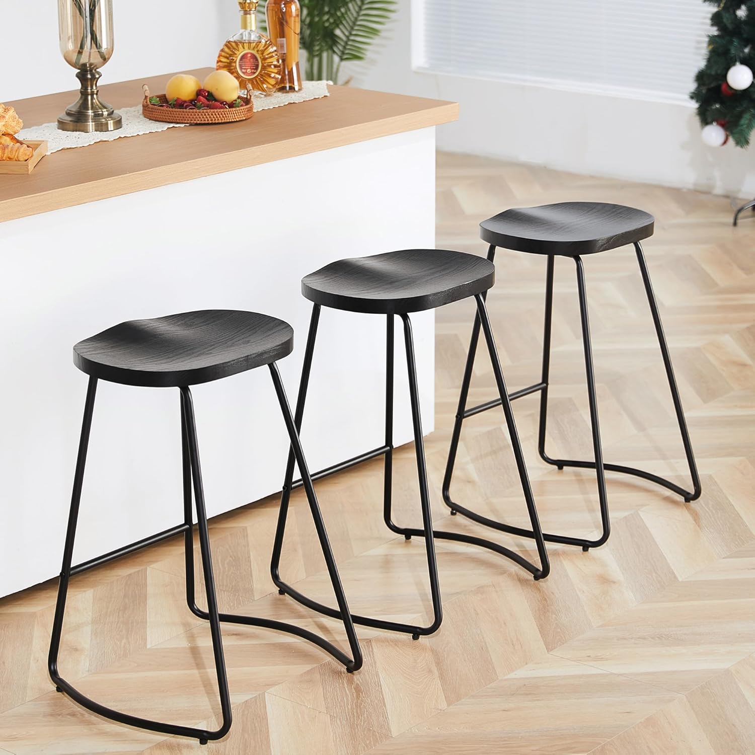 HeuGah Juego de 3 taburetes de bar, taburetes de bar con asiento de silla de montar, taburete de bar sin respaldo de 26 pulgadas para isla de
