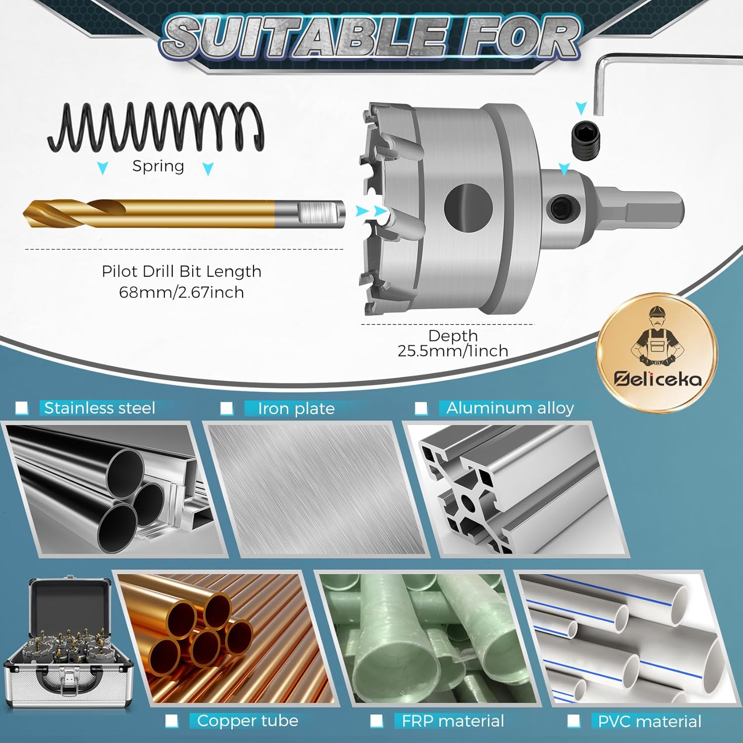 Zeliceka TCT – Juego de sierra perforadora de carburo para metal duro, 12 piezas de sierra perforadora con punta de carburo de tungsteno resistente,