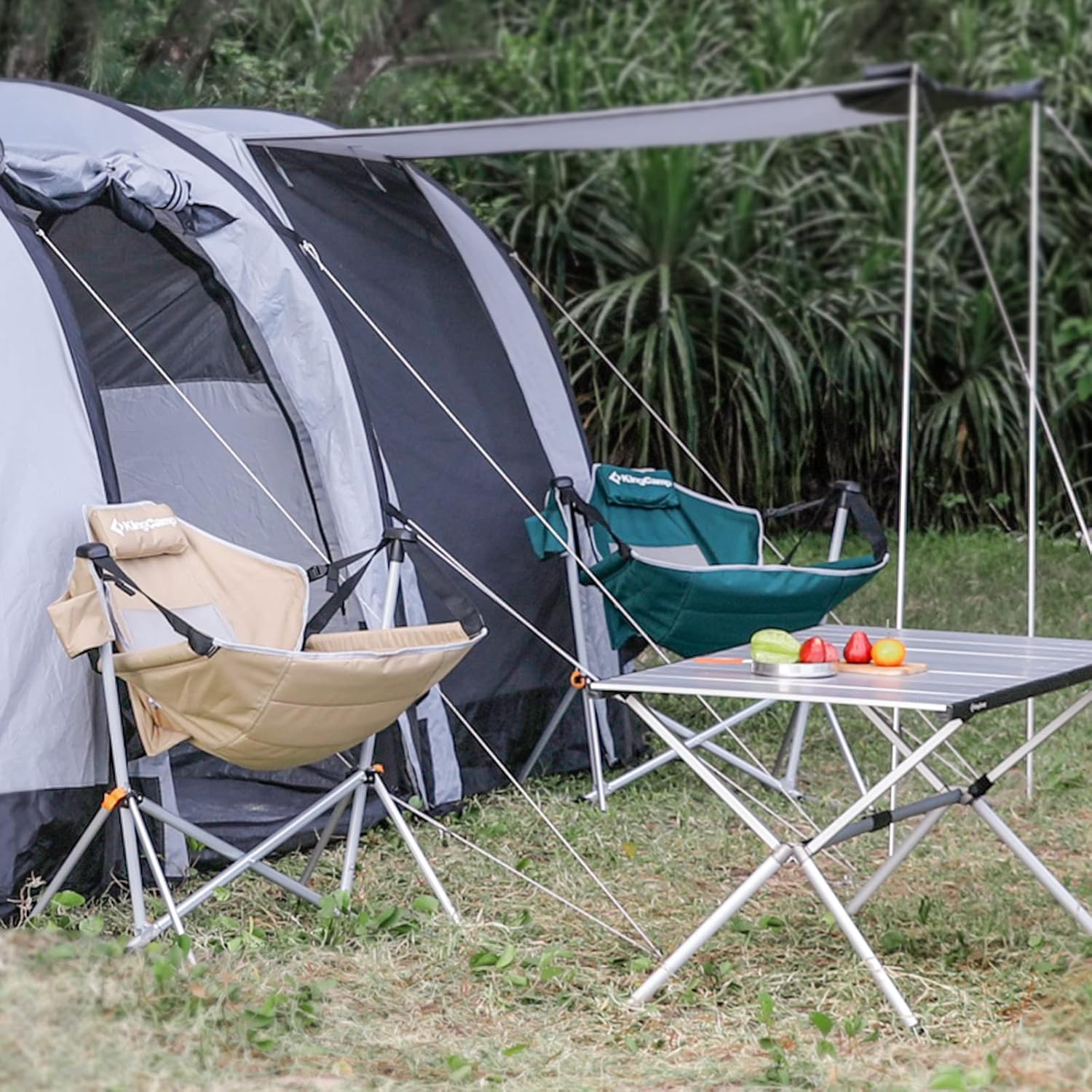 KingCamp Hamaca, silla de camping, mecedora oscilante para adultos, césped, playa, silla plegable portátil con soporte trasero ajustable, soporte