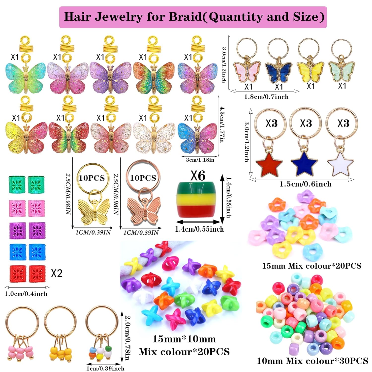 NAISKA 138 piezas de accesorios para rastas de cabello trenzadas de mariposa dorada con cuentas de colores, dijes y colgantes para trenzas, bobinas