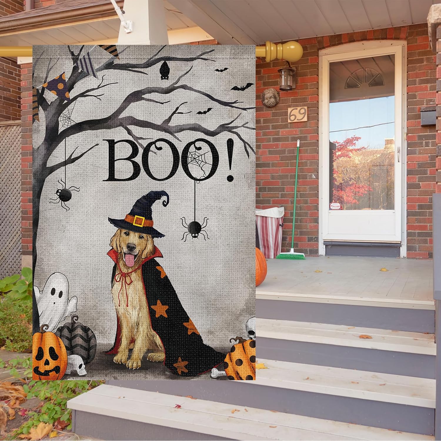 Bandera de jardín de perro Golden Retriever de Halloween de 28 x 40 pulgadas, arpillera de doble cara, fantasma, rústico, decoración de granja,