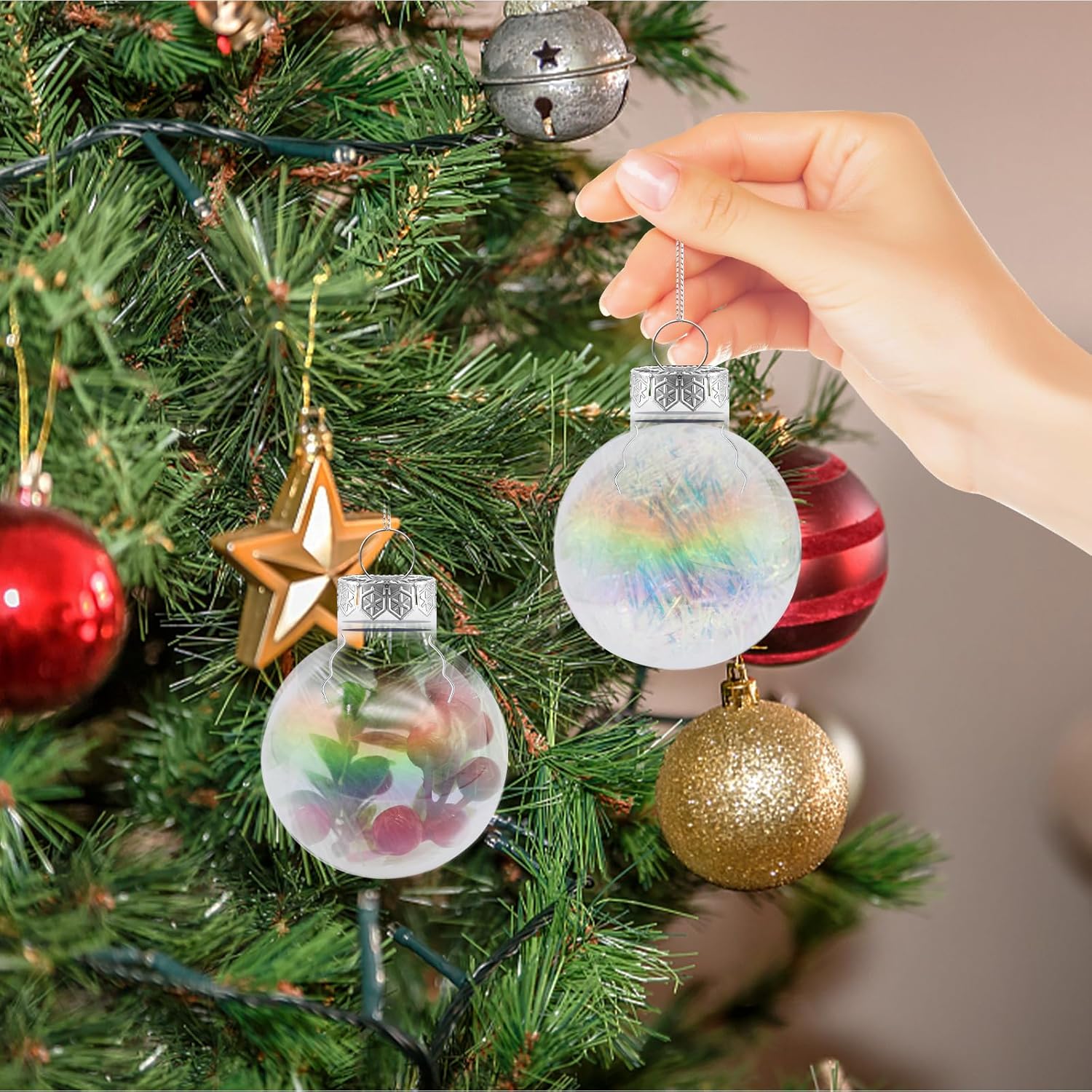 12 adornos de bolas de Navidad iridiscentes, bolas de adorno rellenables de plástico transparente de 2.36 pulgadas, bolas colgantes rellenables para