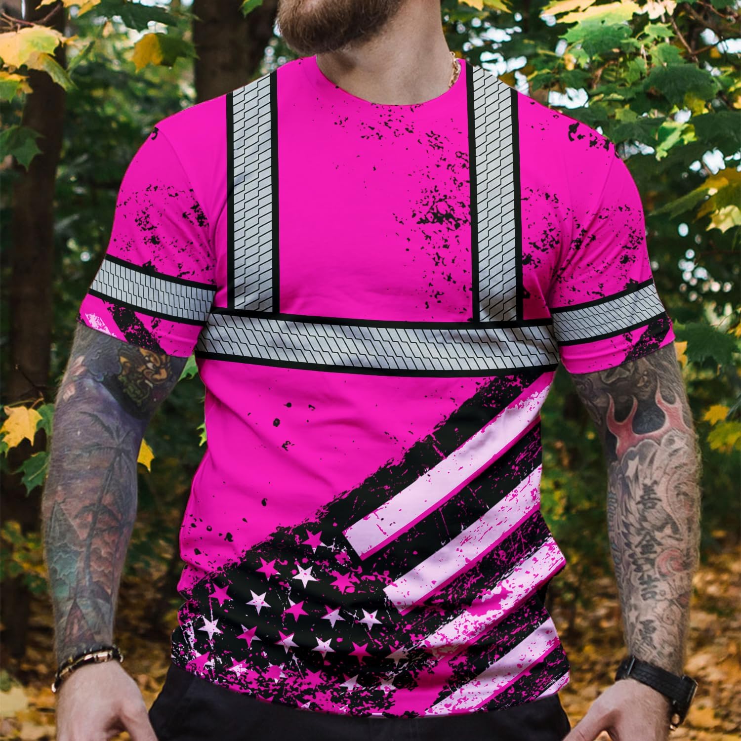 HiVis Custom Camisa de alta visibilidad de calavera con bandera de Estados Unidos para hombres, camisas de seguridad con nombre personalizado, ropa