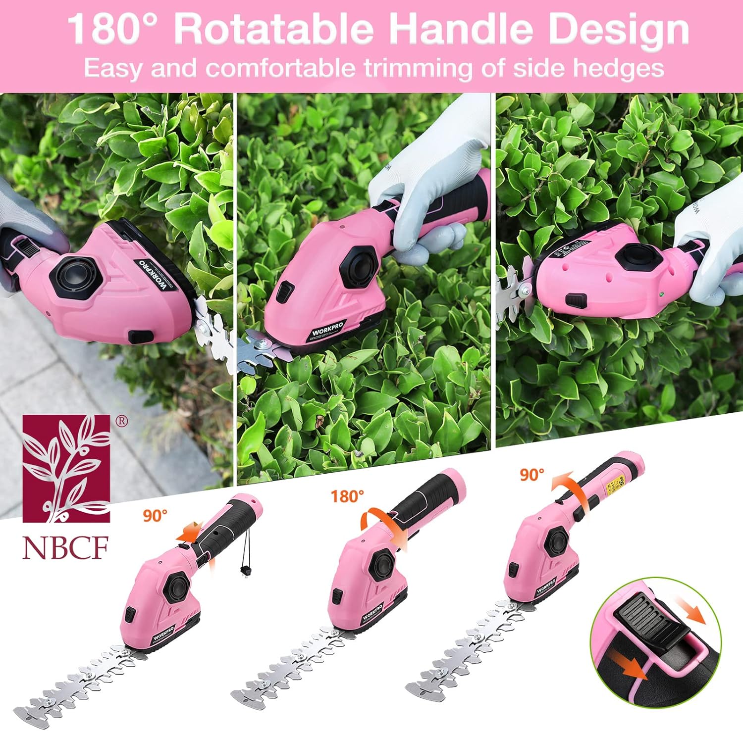 WORKPRO Pink Cordless Grass Shear & Shrubbery Trimmer – 2 in 1 Handheld Hedge Trimmer 7.2V Electric Grass Trimmer Hedge ShearsGrass Cutter 2.0Ah