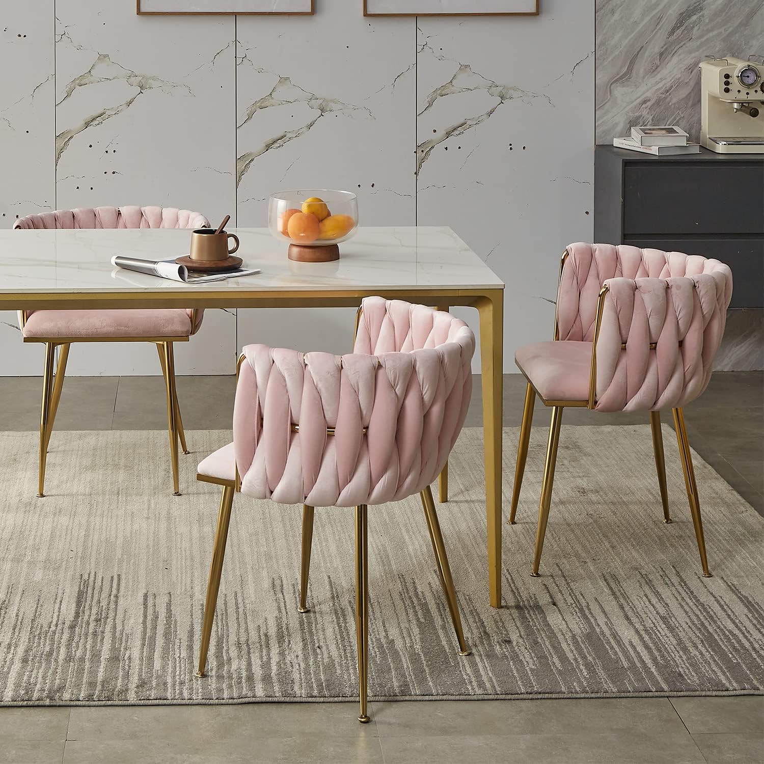 Tsuysi Juego de 4 sillas de comedor de terciopelo, sillas de comedor modernas doradas con patas de metal, sillas de comedor tapizadas tejidas para