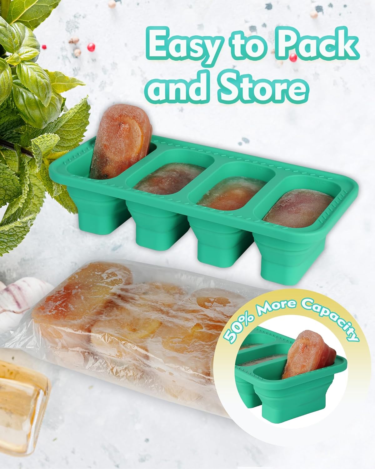 Hitseon – Bandeja de silicona para congelador con tapa, contenedores plegables extra grandes de silicona para congelador, 3 tazas, 12.7 fl oz,