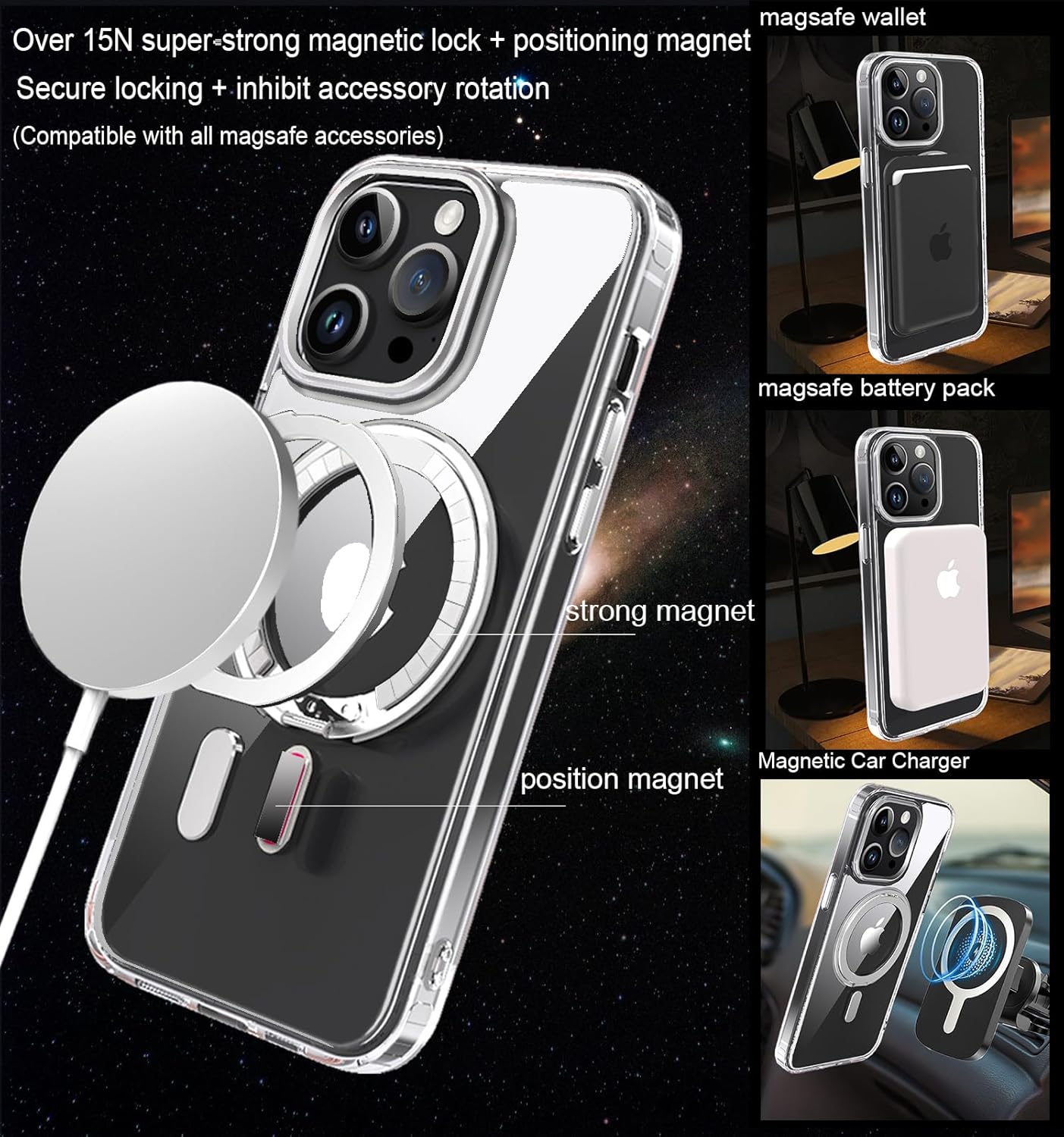 Compatible con funda 15 Pro, soporte giratorio de cuatro vías de 360, soporte de anillo magnético compatible con MagSafe funda delgada transparente