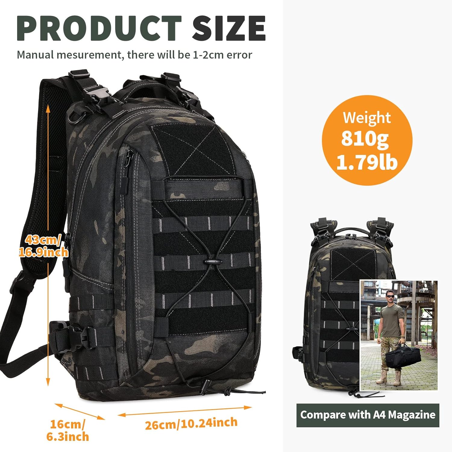 HUNTVP Mochila militar MOLLE para caza, mochila táctica Backpck Assault Pack se puede fijar con el chaleco y el cinturón, Camo Negro, Mochilas de