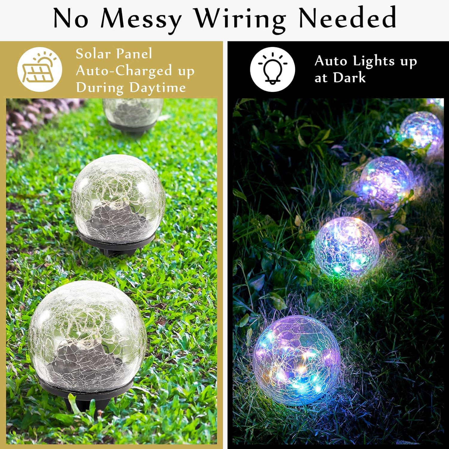 Honoson Luces solares decorativas de bola de vidrio agrietado, luces solares decorativas para paisaje al aire libre, luces LED solares impermeables