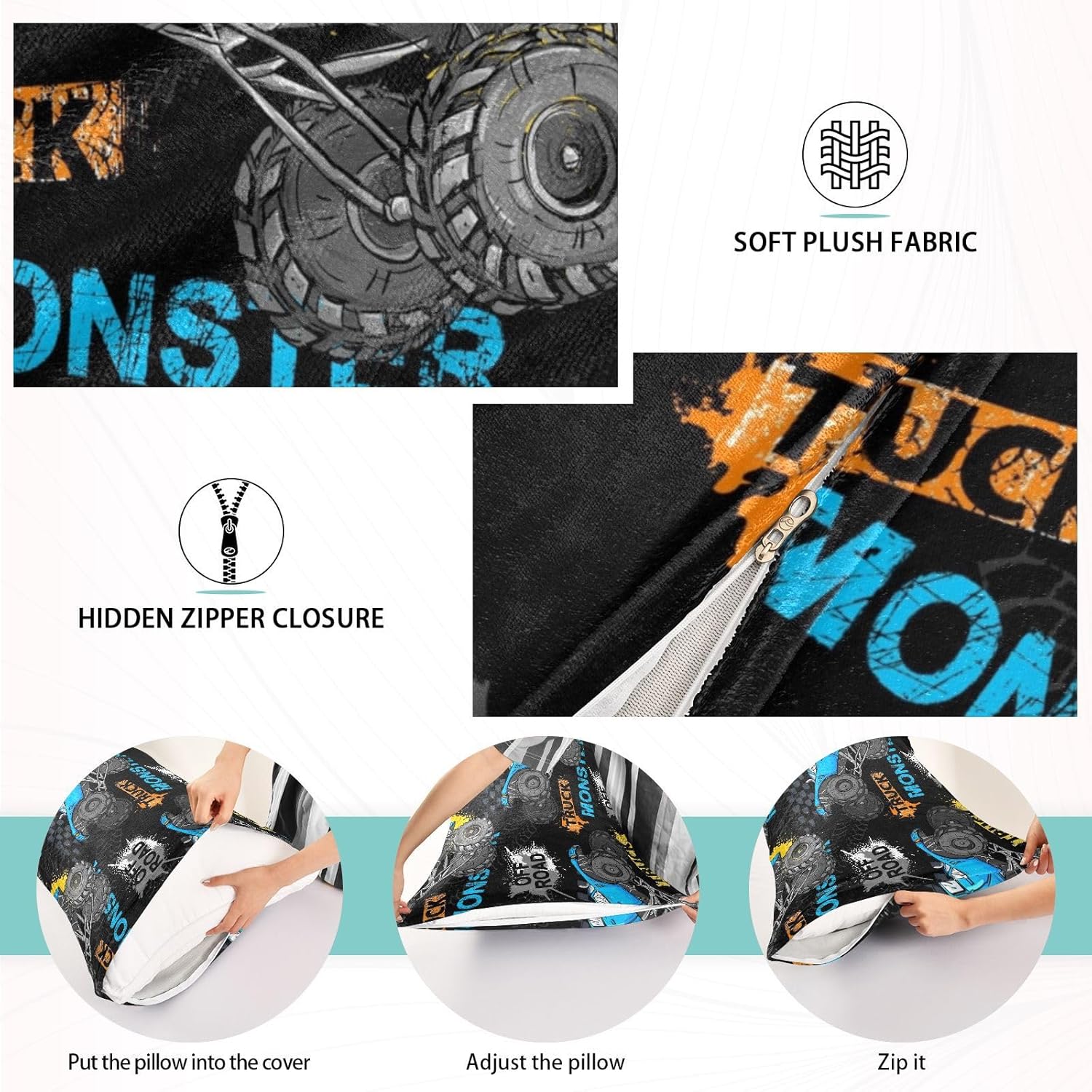 Funda de almohada de terciopelo con neumáticos de camión monstruo, funda de almohada larga de franela con cremallera oculta para mujeres y hombres,