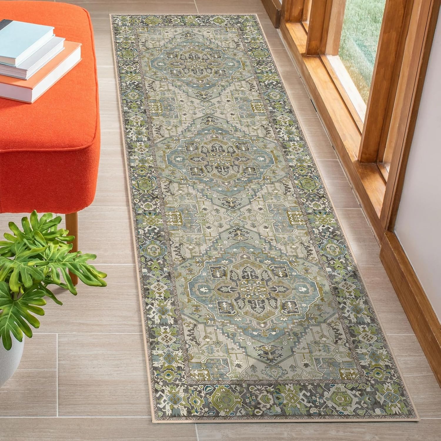Worxvell Alfombra lavable para pasillo de 2 pies 6 x 8 pies, alfombra de pasillo antideslizante con parte trasera de goma, tapetes vintage