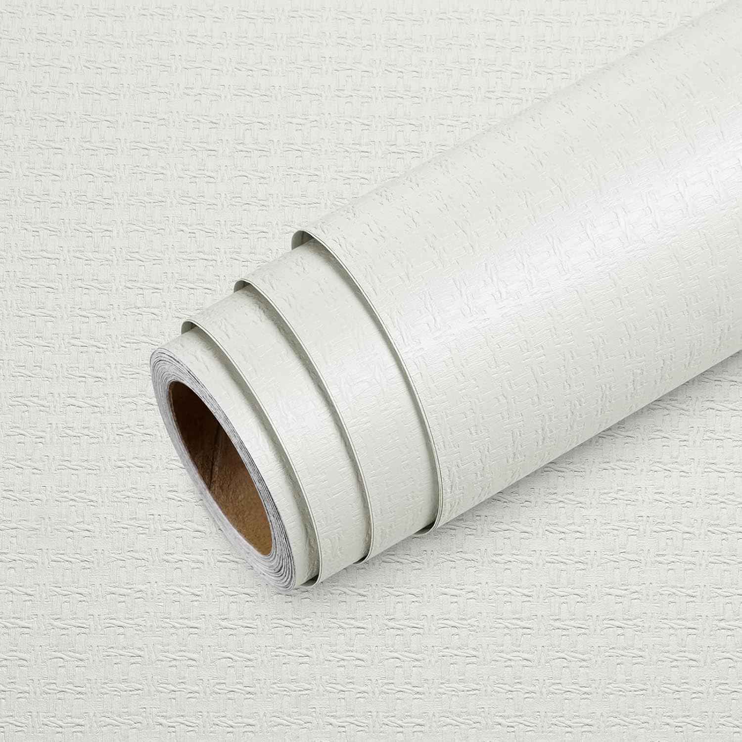 Livelynine Papel tapiz tejido con textura blanca para pegar y pelar, para baño, dormitorio, vinilo prepegado en relieve, papel tapiz autoadhesivo