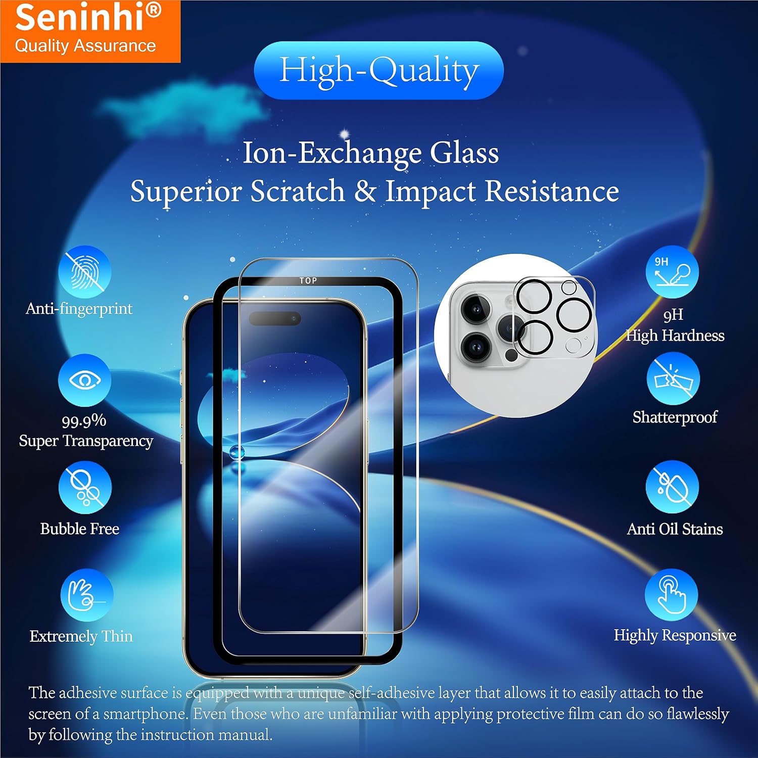 Paquete de 3 + 3 protectores de pantalla para iPhone 15 Pro MAX + 3 protectores de lente de cámara, protector de pantalla de vidrio templado con