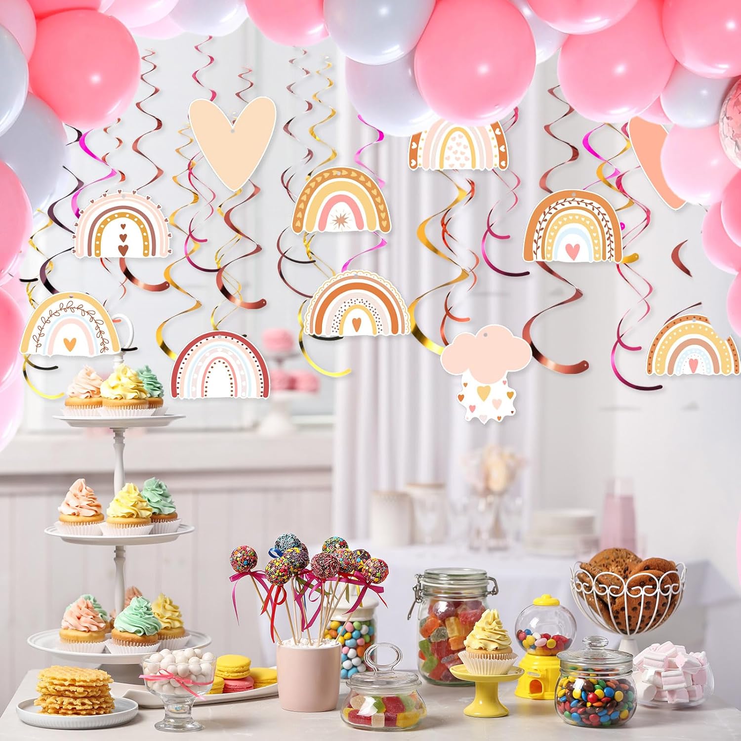 52 piezas de decoraciones de fiesta de arco iris colgantes de remolino para fiesta de cumpleaños, decoración bohemia de baby shower para aula,
