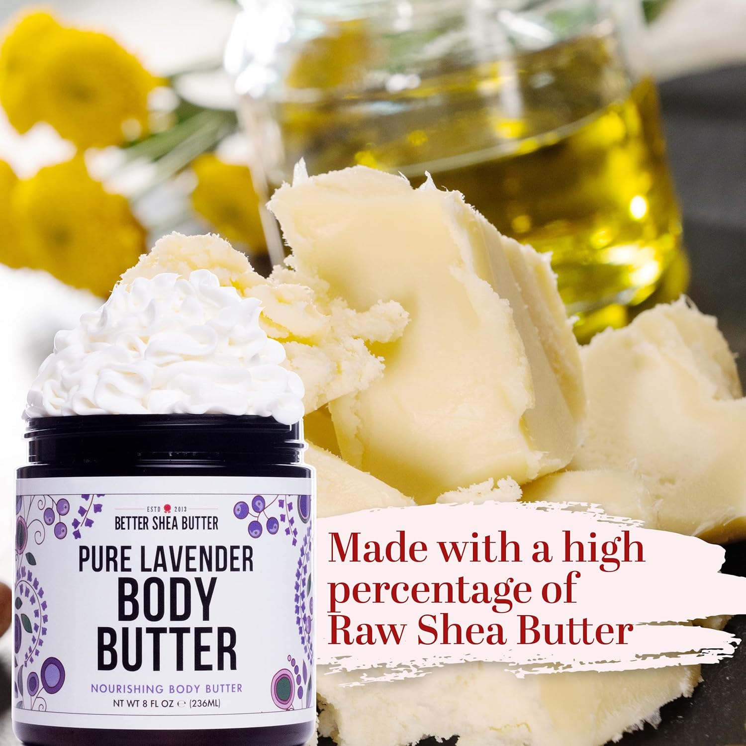 Better Shea Butter Mantequilla corporal batida LAVENDER – Mantequilla corporal batida para mujeres piel seca y piel delicada – Sin parabenos, sin