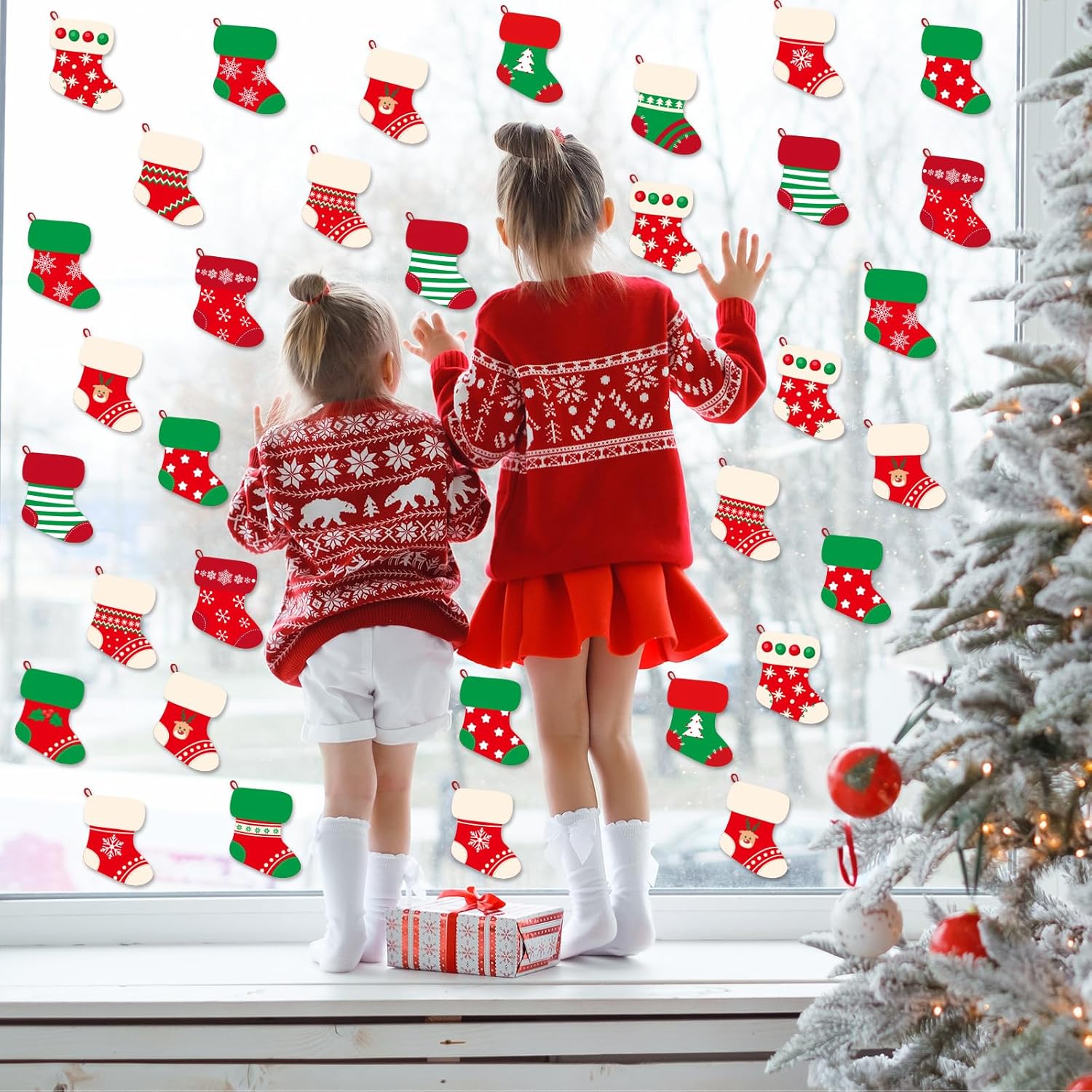 Medias de Navidad para ventana, calcomanías de Feliz Navidad, medias de vacaciones, calcomanías de ventana extraíbles para decoración de ventana