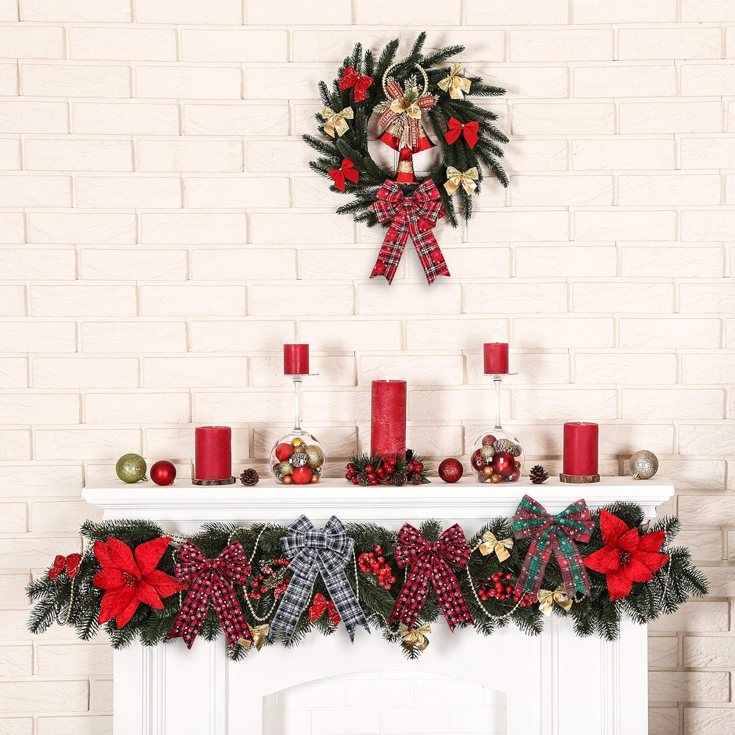 4 rollos de cinta de Navidad a cuadros de búfalo de Navidad, cinta de copo de nieve, cinta de Navidad con alambre para decoración de envoltura de