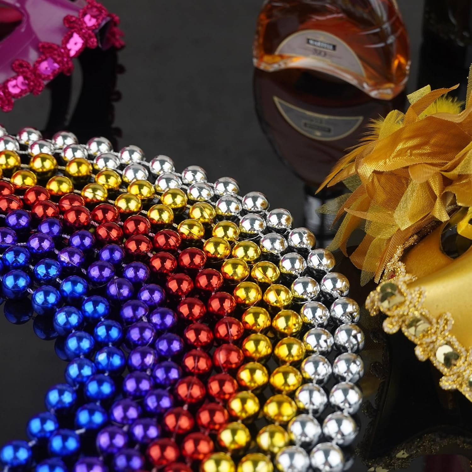 Collares de cuentas doradas metálicas de 0.47 pulgadas, 15 cuentas de Mardi Gras de 33 pulgadas, collares redondos de cuentas a granel, collar de