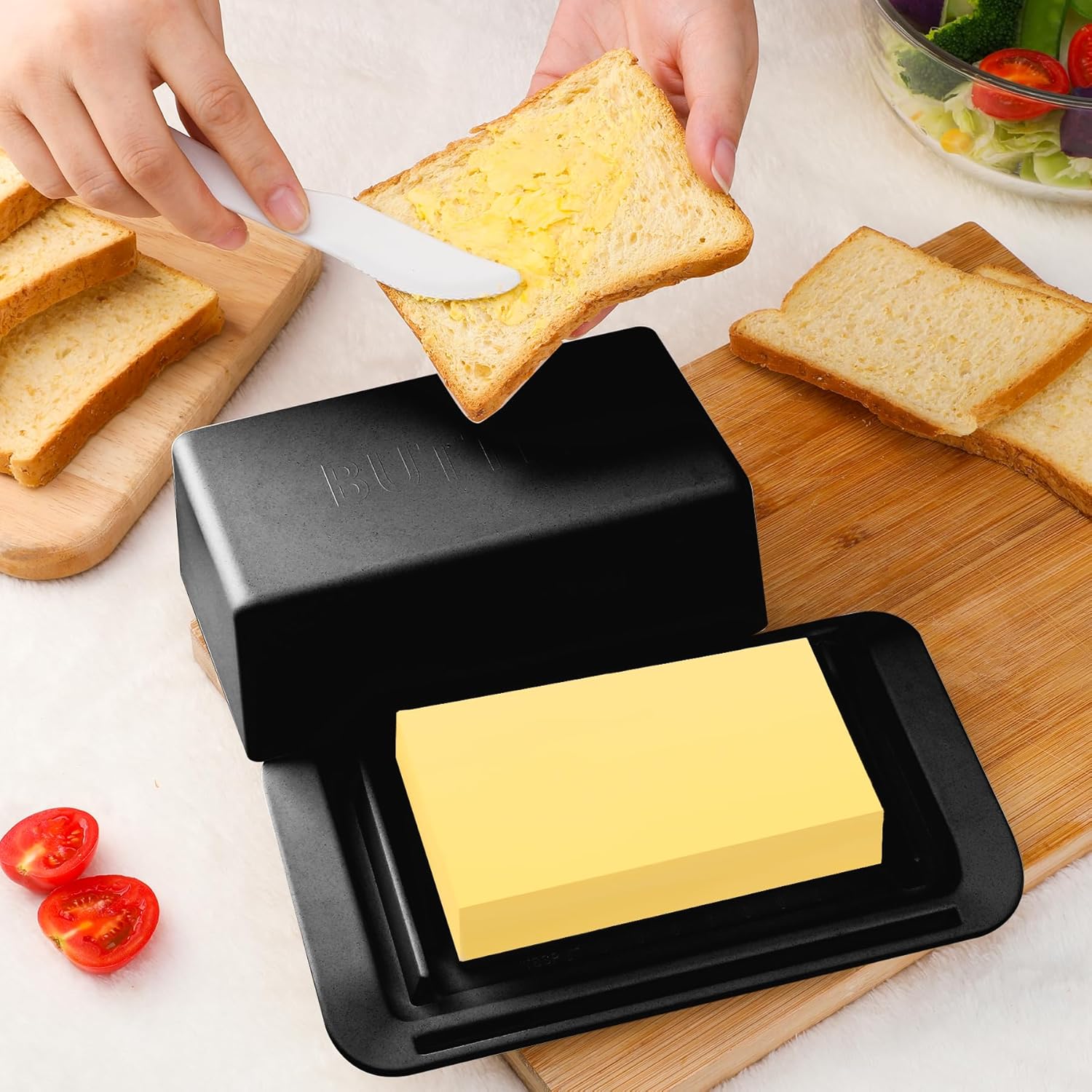 Mantequillera de bambú con tapa, cuchillo, grande para encimera y refrigerador, contenedor para 2 varillas, costa esteoesteestilo europeomantequilla