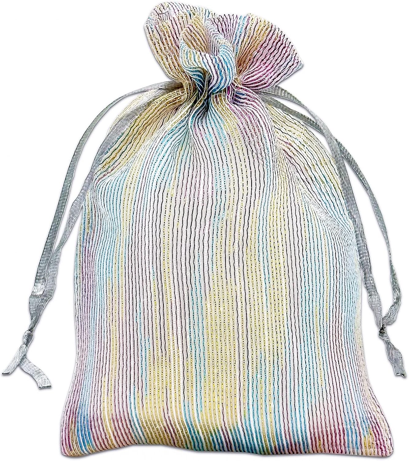 TheDisplayGuys – Paquete de 24 bolsas de regalo de organza de tejido a rayas con cordones, tamaño mediano de 5 x 6 pulgadas, iridiscente, para