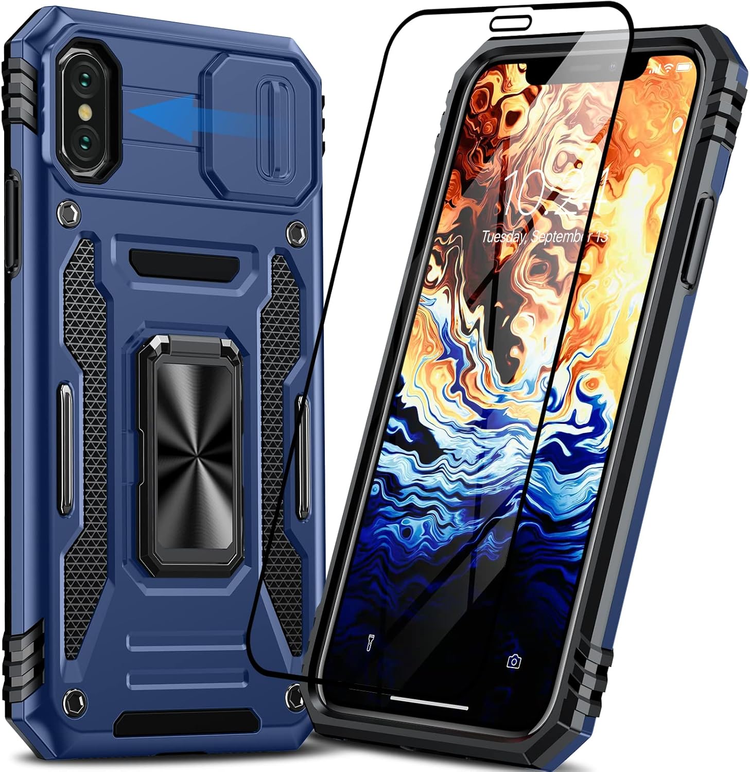 Oterkin Funda para iPhone X, iPhone Xs con cubierta deslizante para cámara y protector de pantalla de vidrio templado, soporte giratorio de 360,