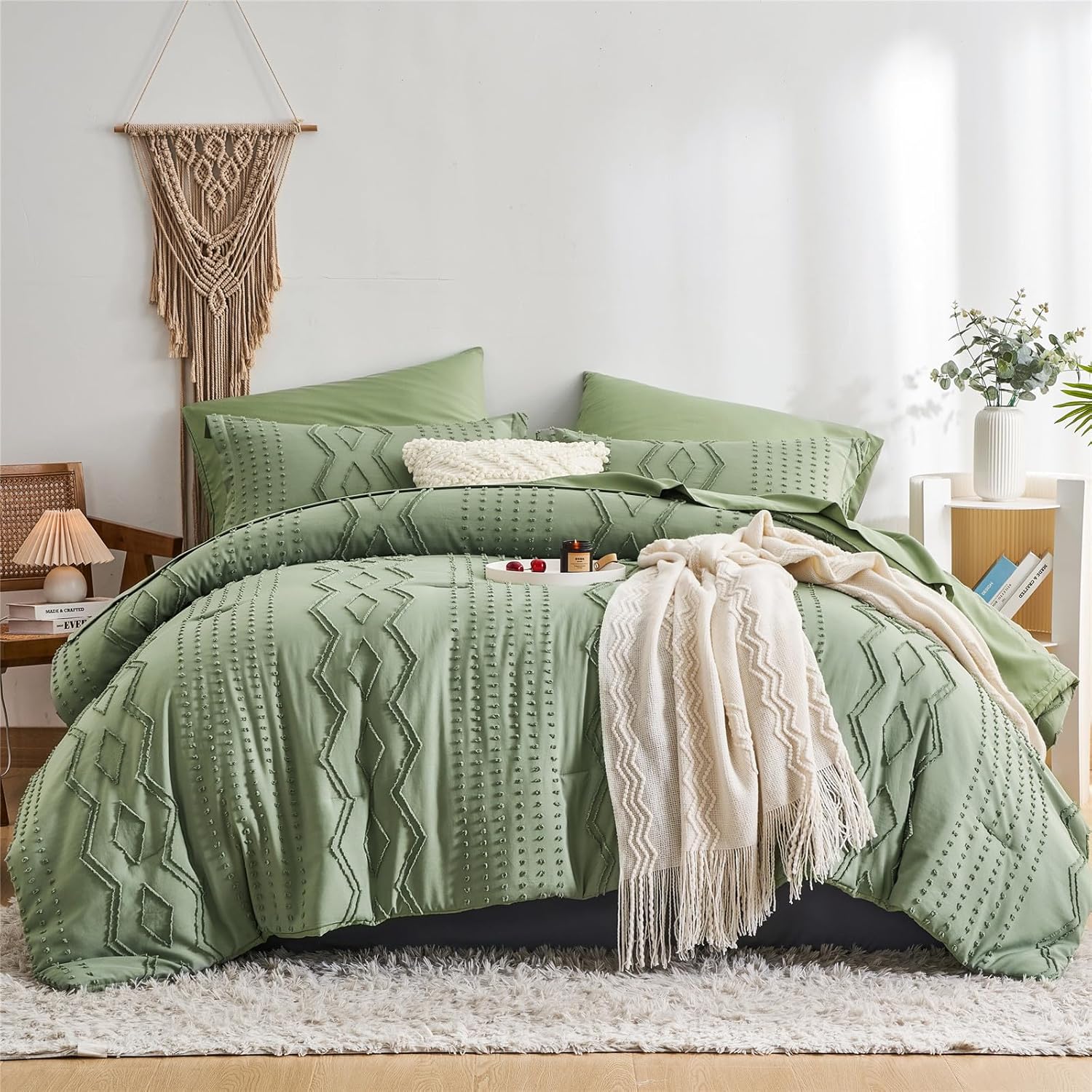 sponwilar Juego de edredón tamaño King de 7 piezas de ropa de cama bohemia en una bolsa, juego de ropa de cama con textura geométrica, juego de ropa