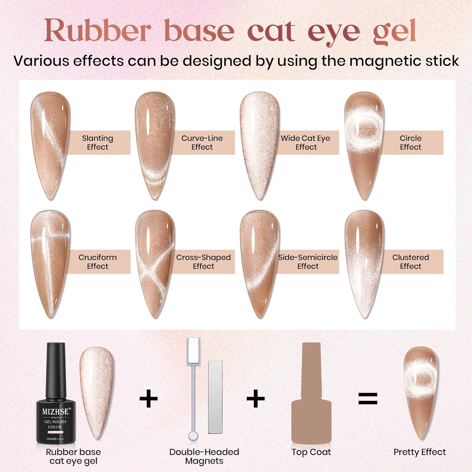 MIZHSE Gel base de goma 3 en 1 para uñas, juego de esmalte de gel magnético de ojo de gato, 6 colores de 0.3 fl oz con purpurina holográfica con 2
