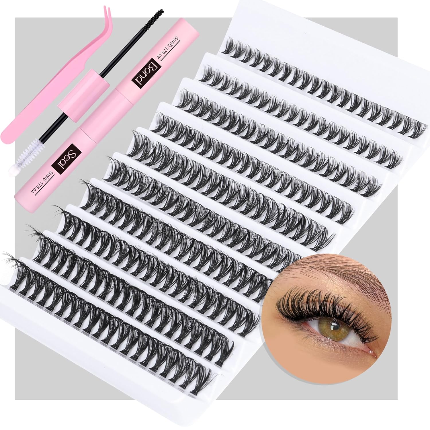 Kit de extensiones de pestañas individuales, 200 pestañas en racimo con unión de pestañas y sello y pinzas de pestañas, kit de extensión de pestañas