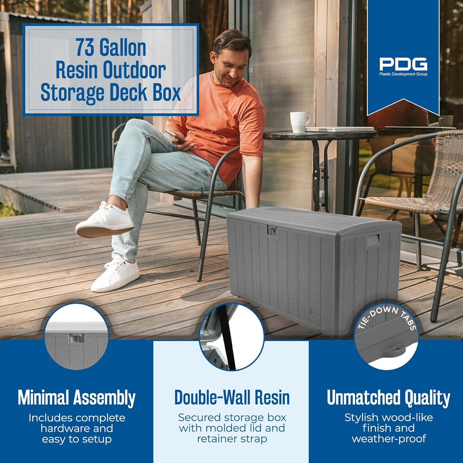 Plastic Development Group Caja de almacenamiento de resina resistente a la intemperie de 73 galones con montaje deslizante y a presión, madera