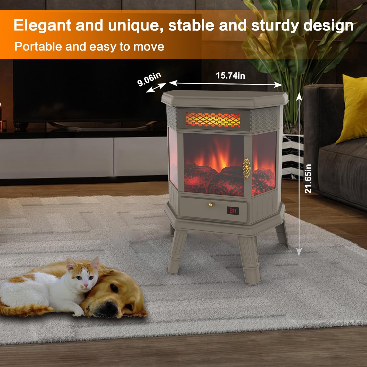 Calentador eléctrico de chimenea independiente de 22 pulgadas, chimenea infrarroja con efecto de llama 3D, temporizador, calentador de protección