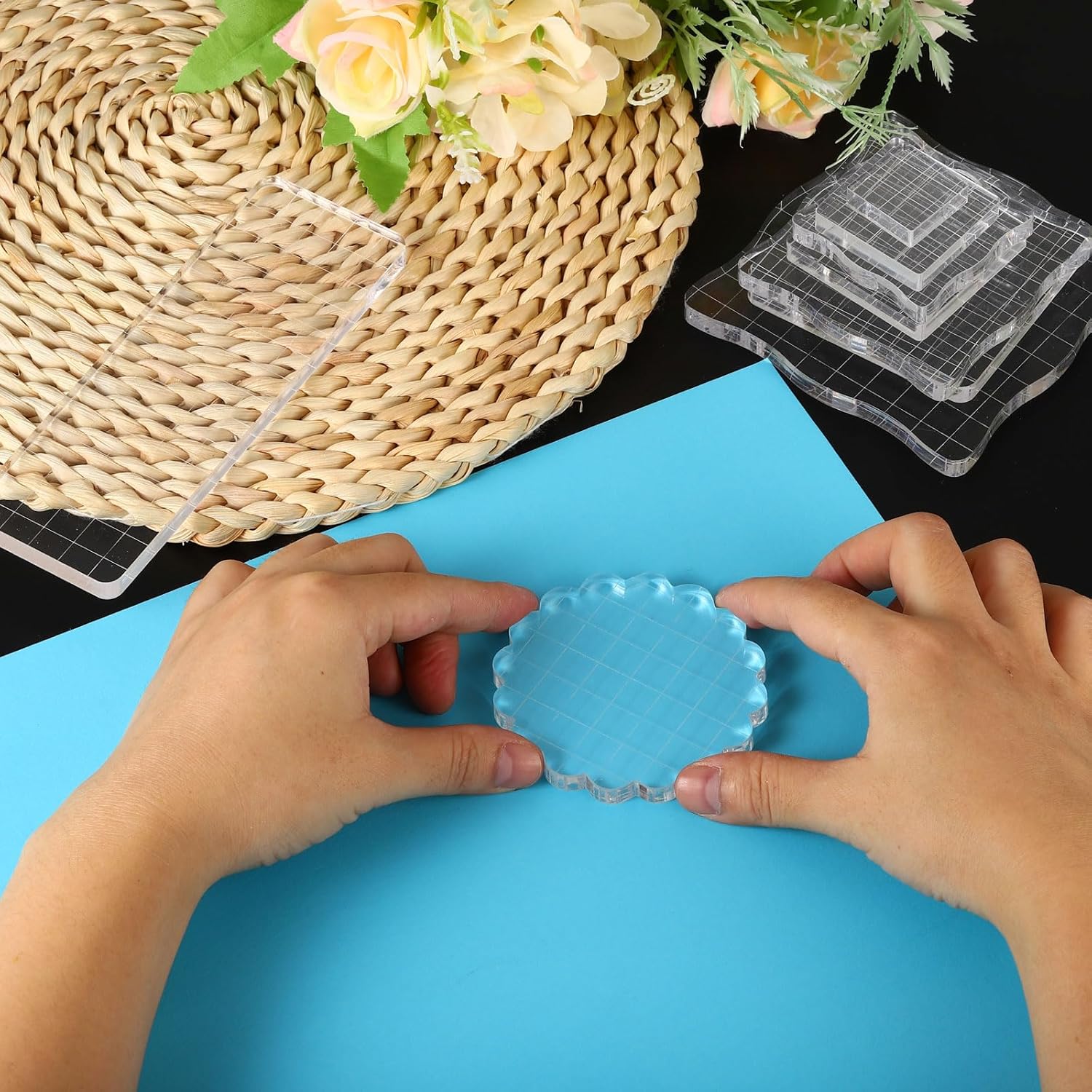PATIKIL Bloque de sello acrílico de 5 x 3.5 pulgadas, bloque de estampado transparente con líneas de cuadrícula, bloques de montaje decorativos