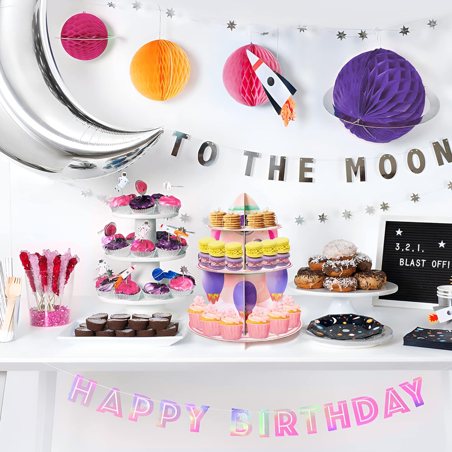ANGOLIO Soporte para cupcakes de 3 niveles para el espacio exterior, suministros de fiesta para niños, decoración de fiesta de cumpleaños, temática