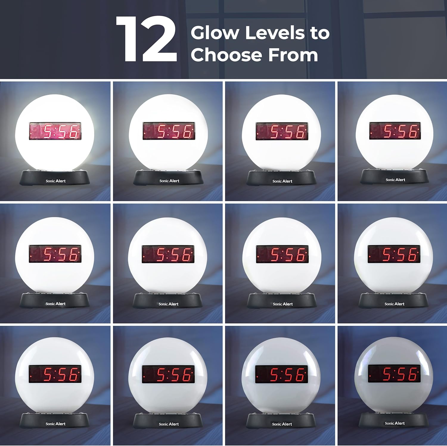 Sonic Alert Glow Soft White Night Light Alarm Clock – Loud & Compact Alarm Clock for Bedroom – Battery Backup & Full Range Dimmer – Easy to Set