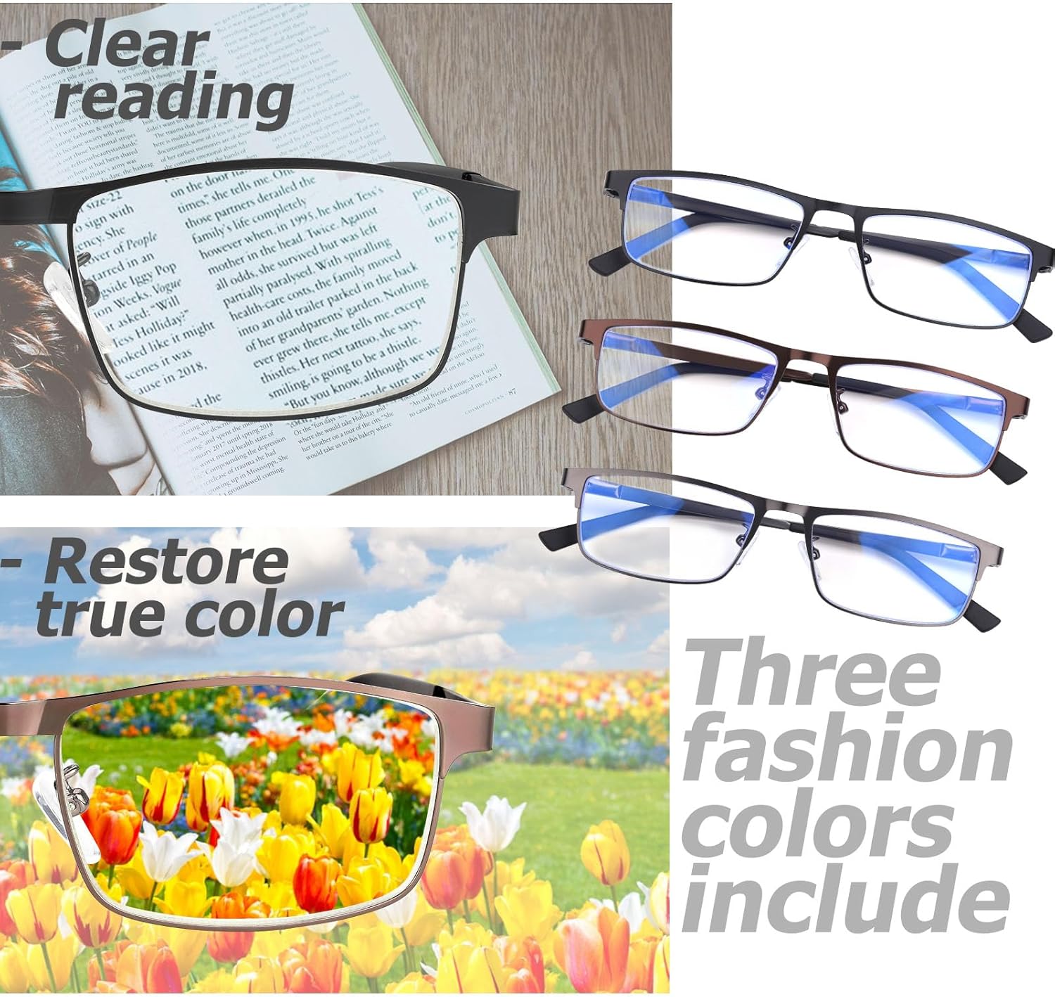 Paquete de 3 anteojos de lectura con bloqueo de luz azul, elegantes lectores de computadora de marco completo de metal, filtro de rayos UV para