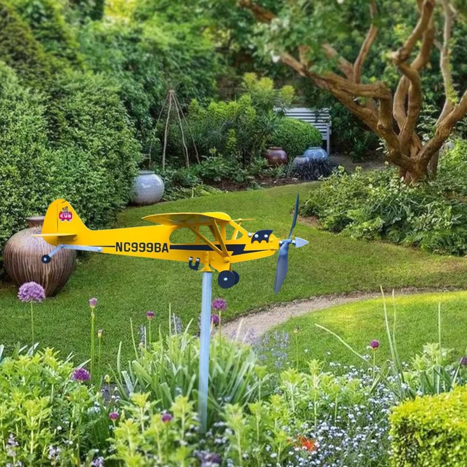 Piper J3 Cub Airplane – Veleta de viento 3D única, molino de viento de metal para decoración de jardín, patio, regalos para amantes del vuelo (7.9 x