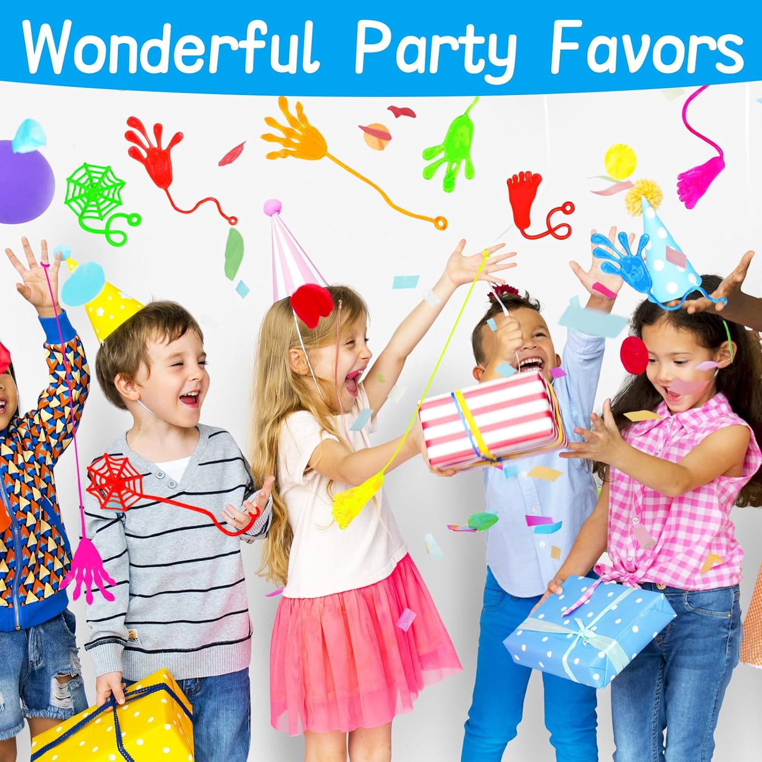 ALKNOT Paquete de 50 recuerdos de fiesta con manos adhesivas, 4 tipos de bolsas de regalo, regalo de fiesta de cumpleaños, premios de caja del